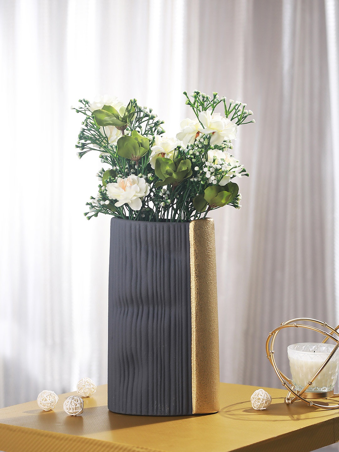 

TIED RIBBONS Grey & Gold Toned Textured Decorative Ceramic Flower Vase