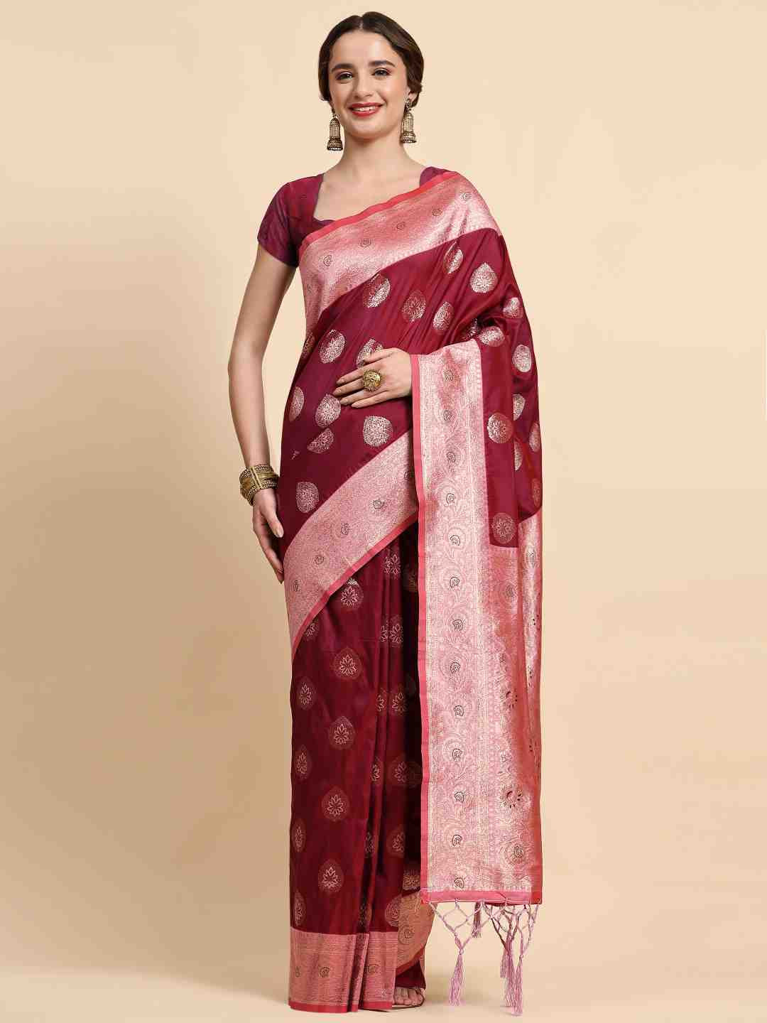 

ZIBLON Maroon & Pink Woven Design Zari Silk Cotton Kanjeevaram Saree