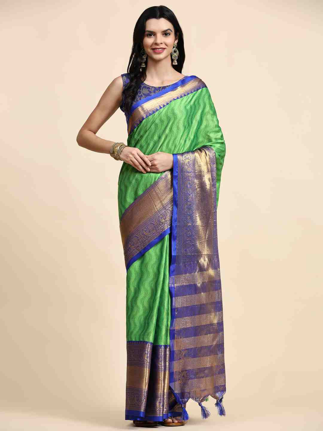 

ZIBLON Green & Blue Woven Design Zari Silk Cotton Kanjeevaram Saree