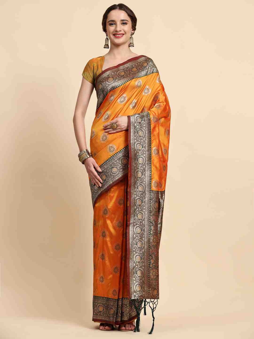 

ZIBLON Mustard & Green Woven Design Zari Silk Cotton Kanjeevaram Saree