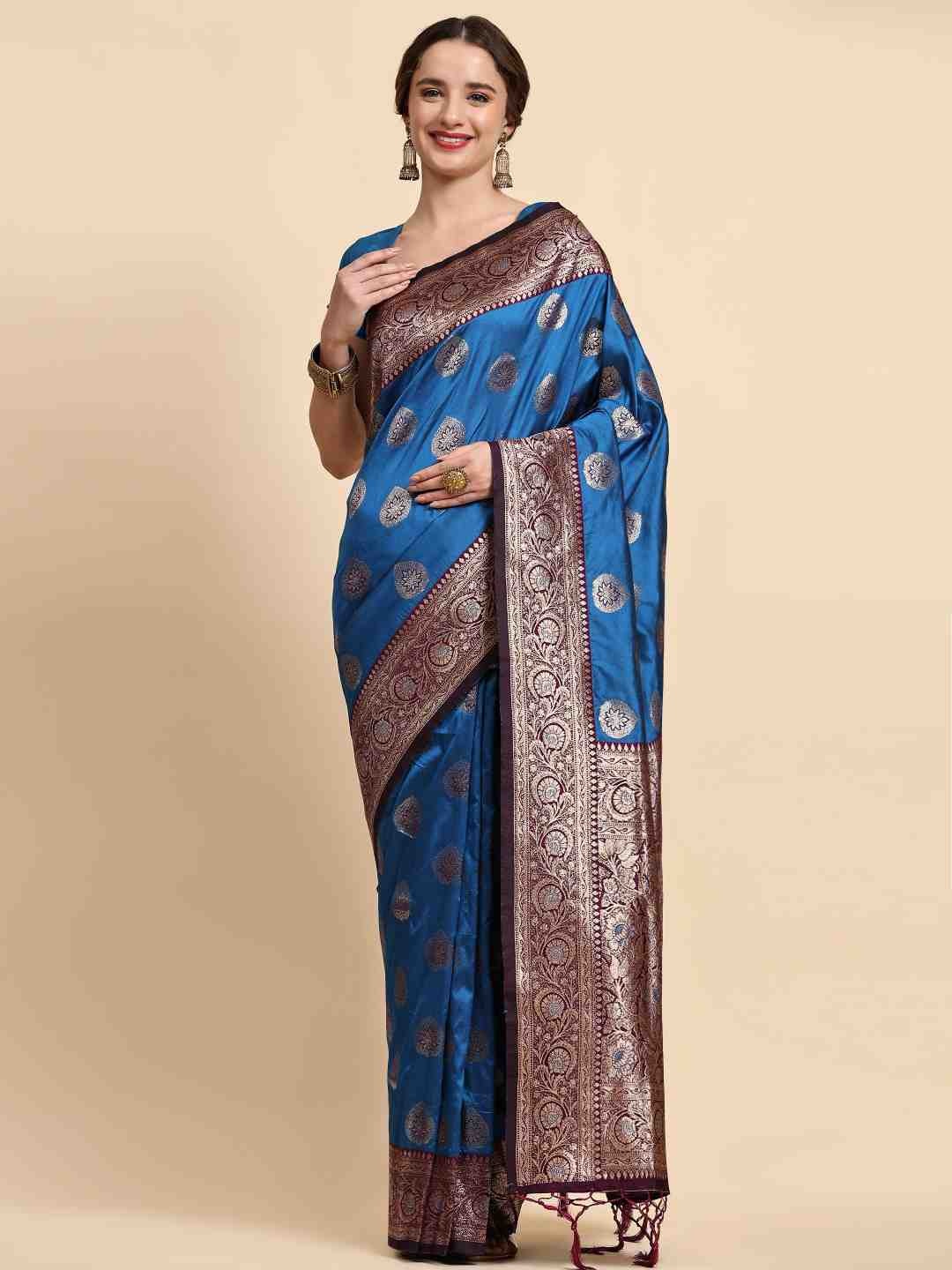 

ZIBLON Blue & Maroon Woven Design Zari Silk Cotton Kanjeevaram Saree