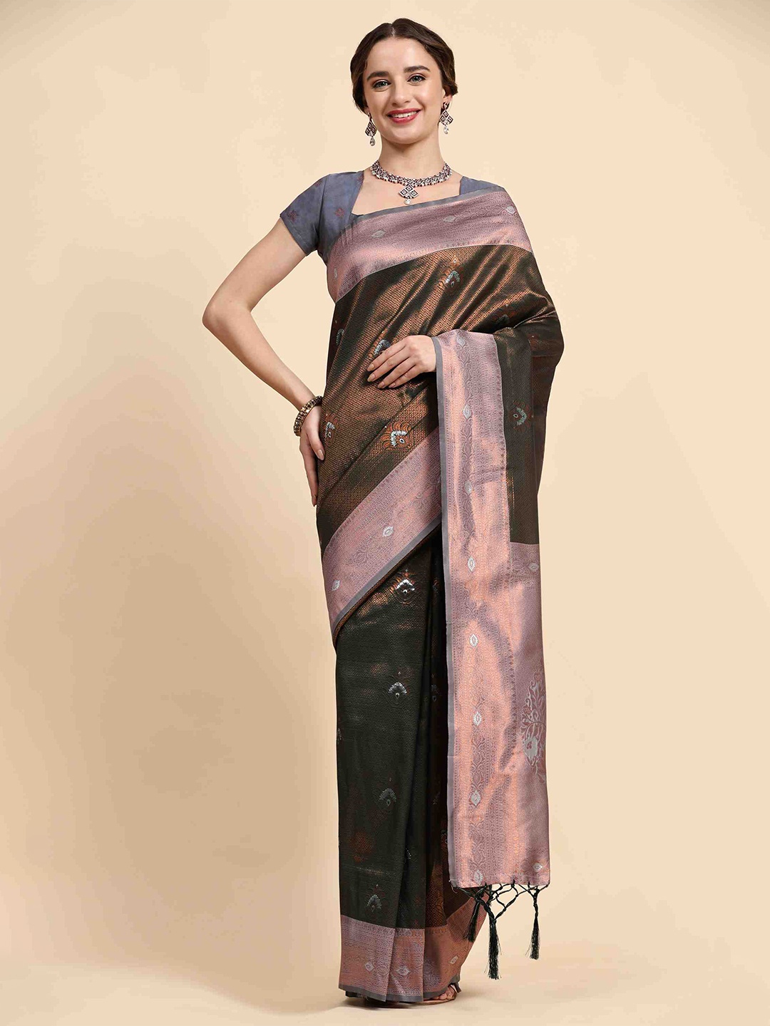 

ZIBLON Brown & Mauve Woven Design Zari Silk Cotton Kanjeevaram Saree