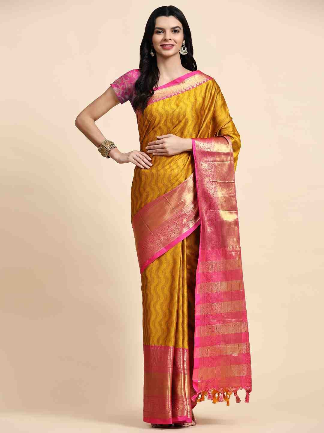 

ZIBLON Mustard & Pink Woven Design Zari Silk Cotton Kanjeevaram Saree