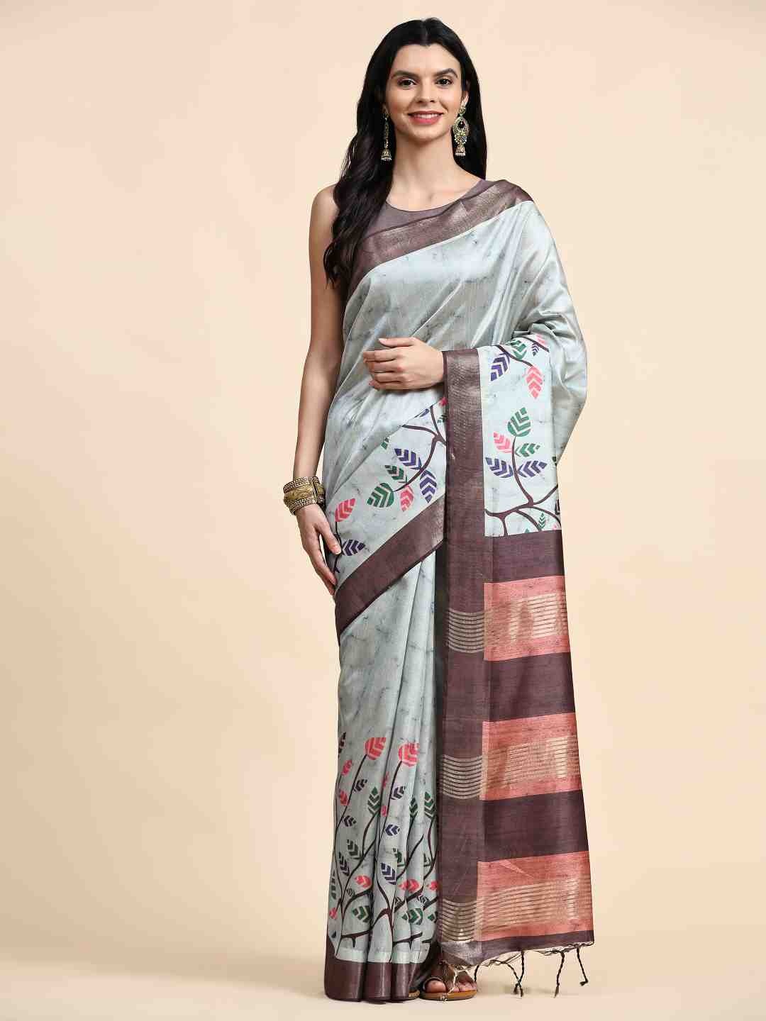 

ZIBLON Grey & Brown Floral Pure Silk Tussar Saree