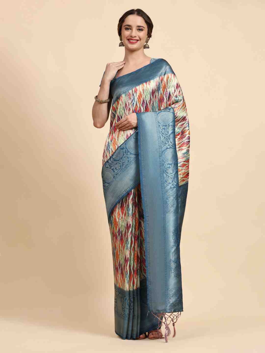 

ZIBLON Blue & White Woven Design Zari Silk Cotton Kanjeevaram Saree