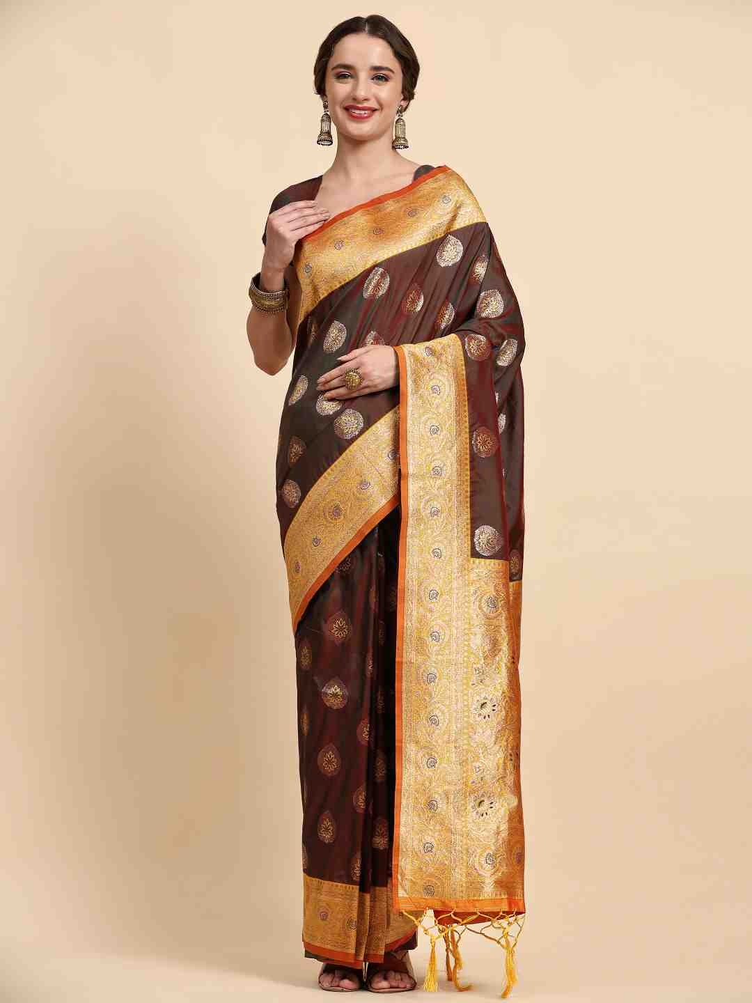 

ZIBLON Brown & Orange Woven Design Zari Silk Cotton Kanjeevaram Saree