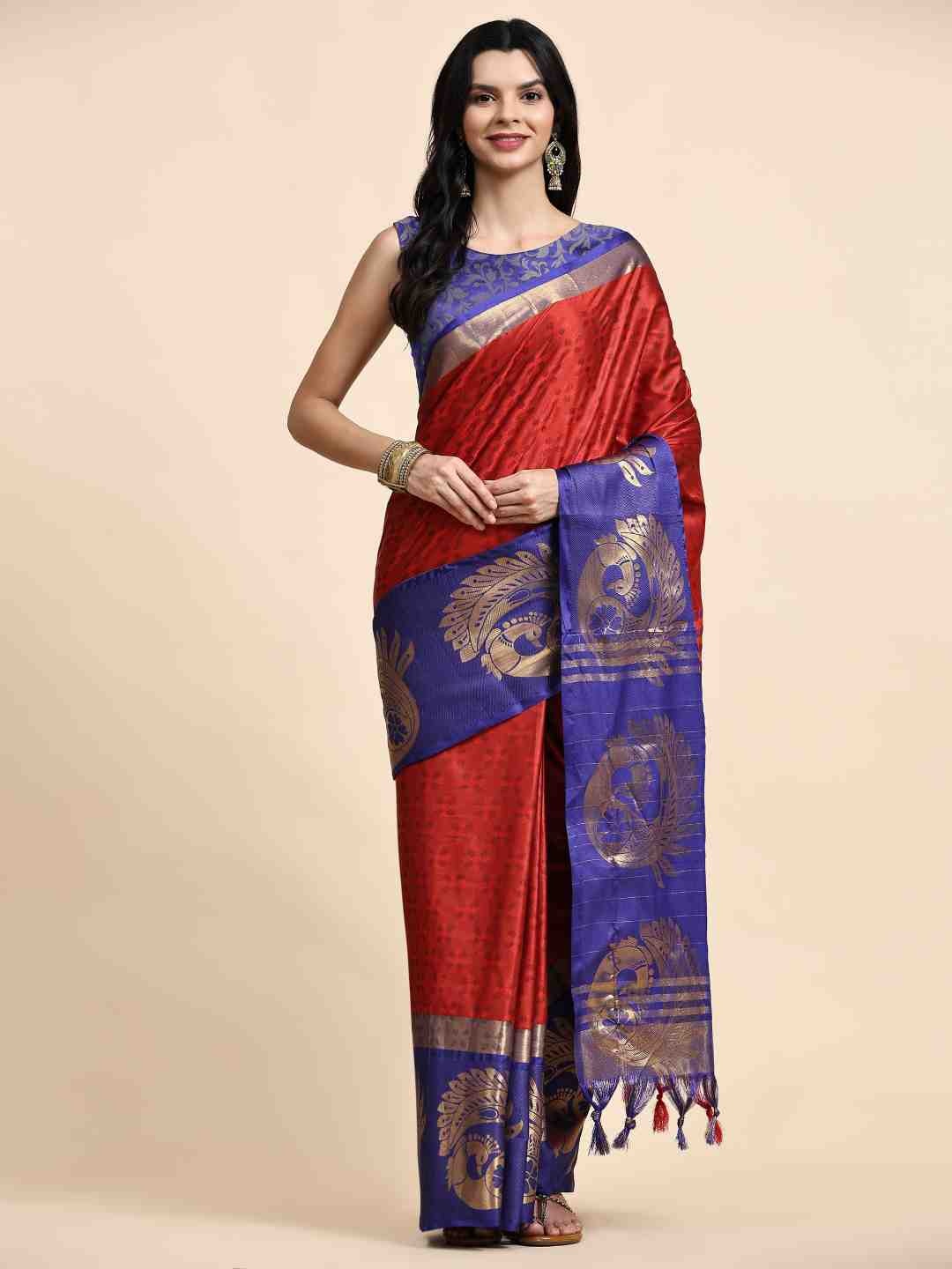 

ZIBLON Red & Blue Woven Design Zari Silk Cotton Kanjeevaram Saree