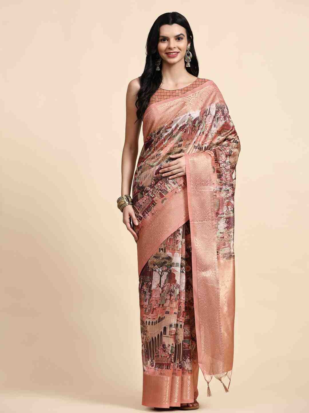 

ZIBLON Peach-Coloured & Green Woven Design Zari Pure Silk Tussar Saree