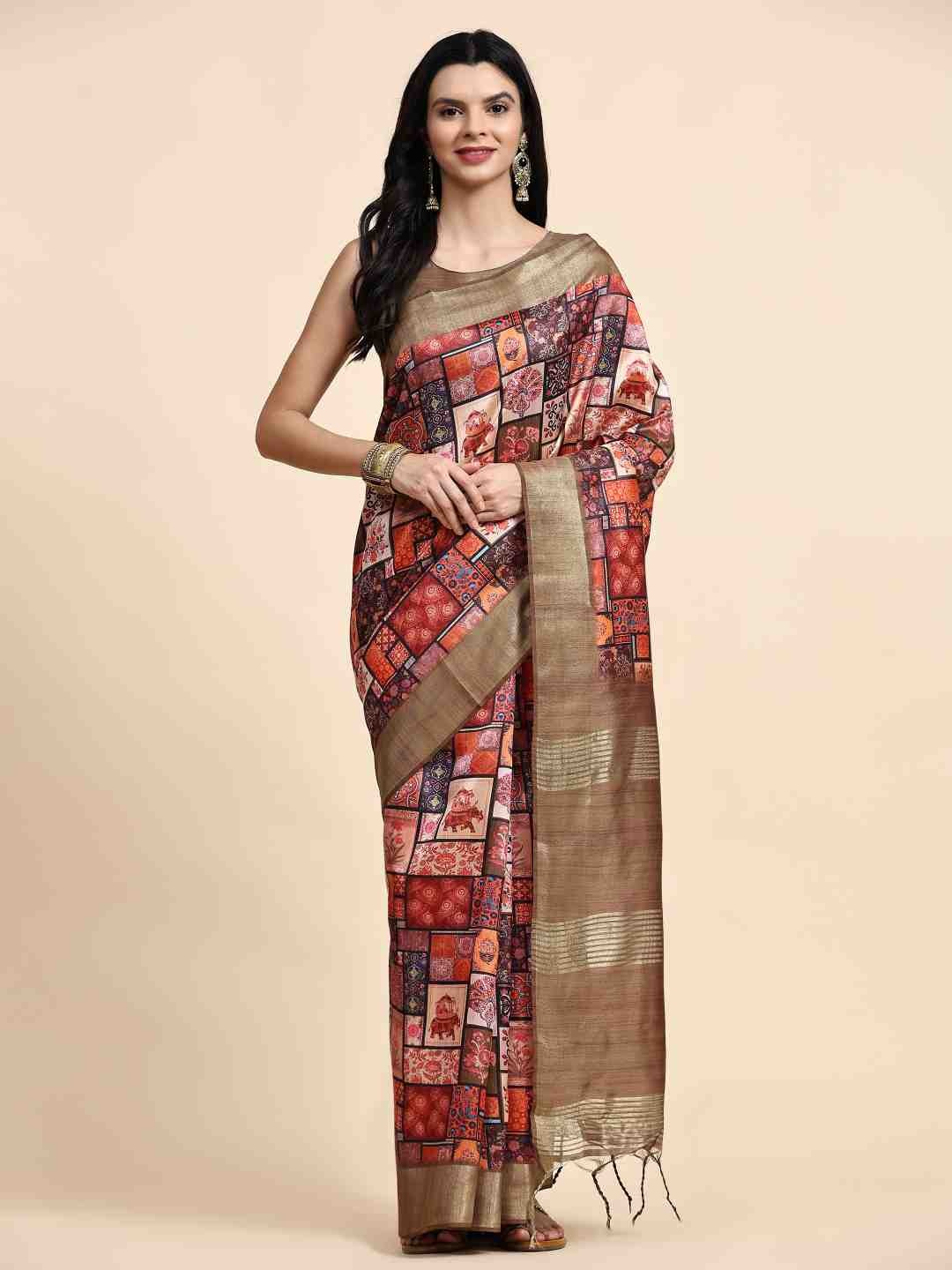 

ZIBLON Brown & Pink Ethnic Motifs Zari Pure Silk Tussar Saree