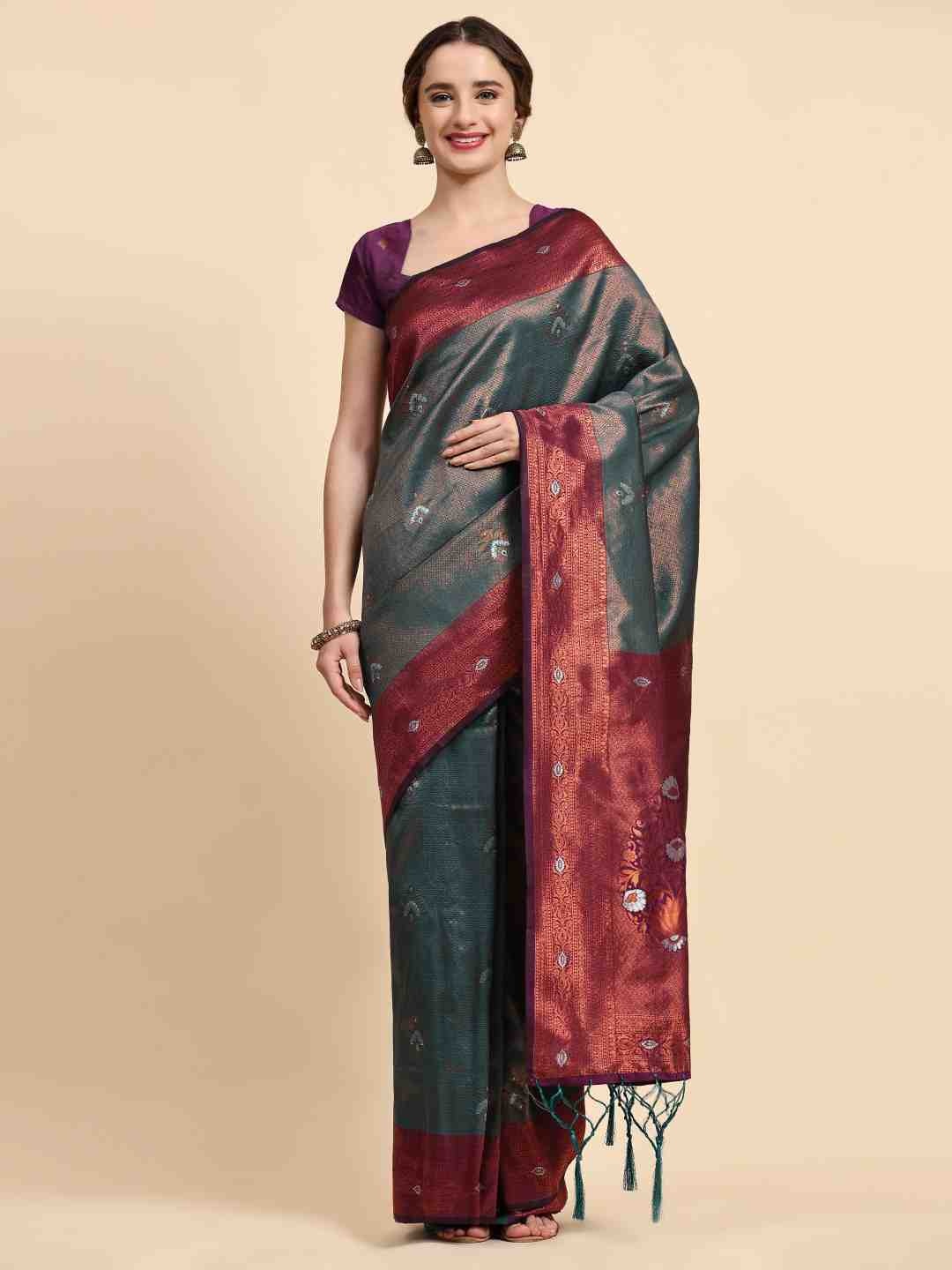 

ZIBLON Green & Purple Woven Design Zari Silk Cotton Kanjeevaram Saree