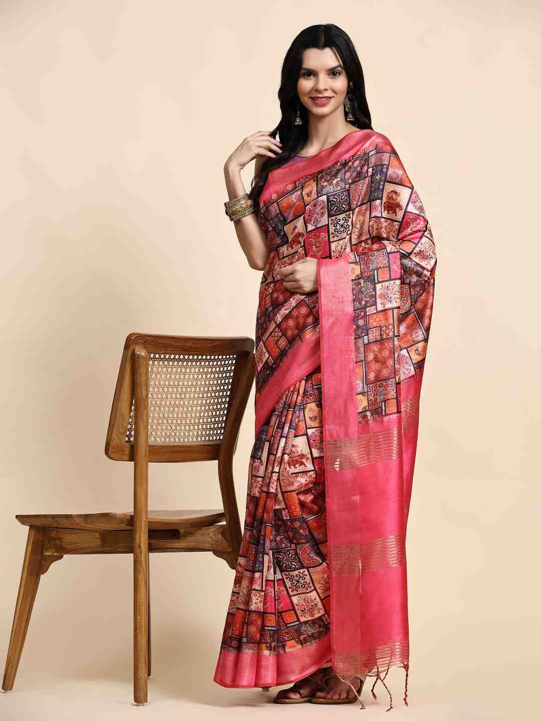 

ZIBLON Pink & Grey Ethnic Motifs Pure Silk Tussar Saree