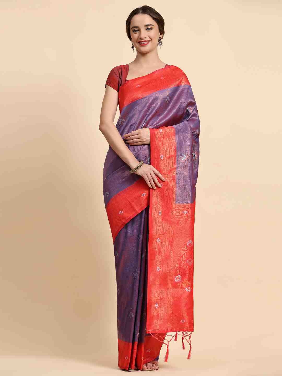 

ZIBLON Purple & Red Woven Design Zari Silk Cotton Kanjeevaram Saree