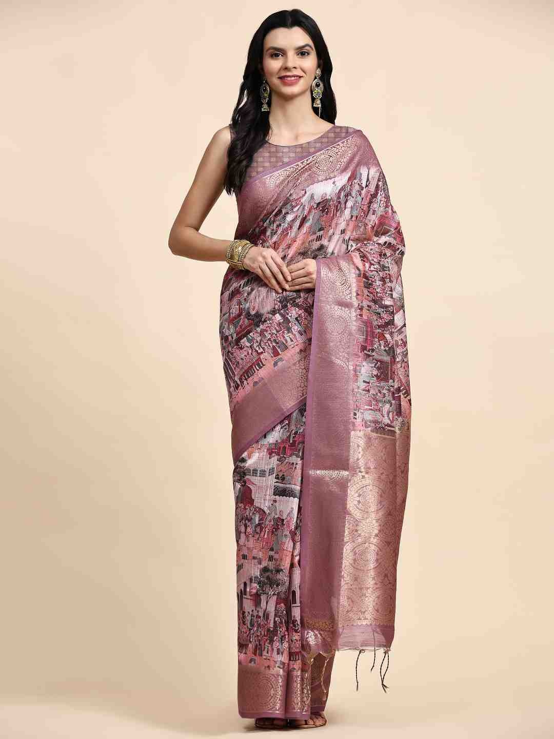 

ZIBLON Peach-Coloured & Gold-Toned Woven Design Zari Pure Silk Tussar Saree