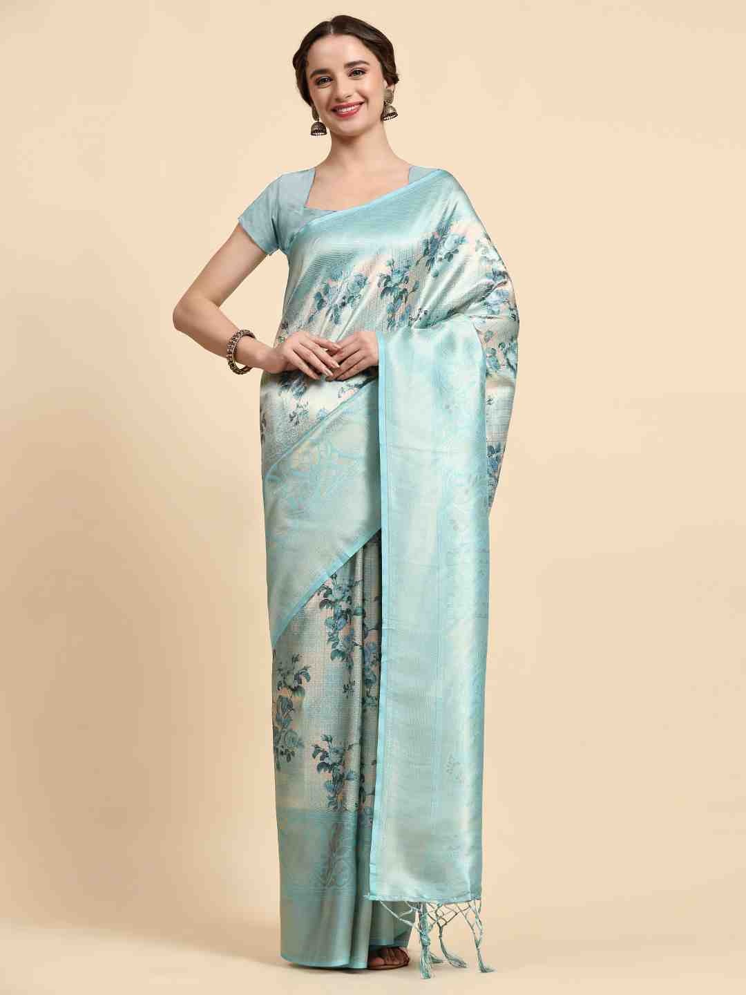 

ZIBLON Turquoise Blue & Silver-Toned Woven Design Zari Silk Cotton Kanjeevaram Saree