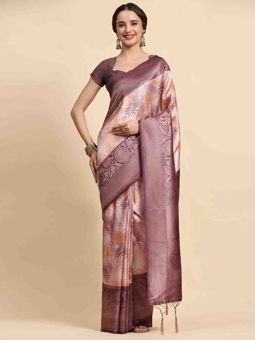 

ZIBLON Pink & Gold-Toned Woven Design Zari Silk Cotton Kanjeevaram Saree