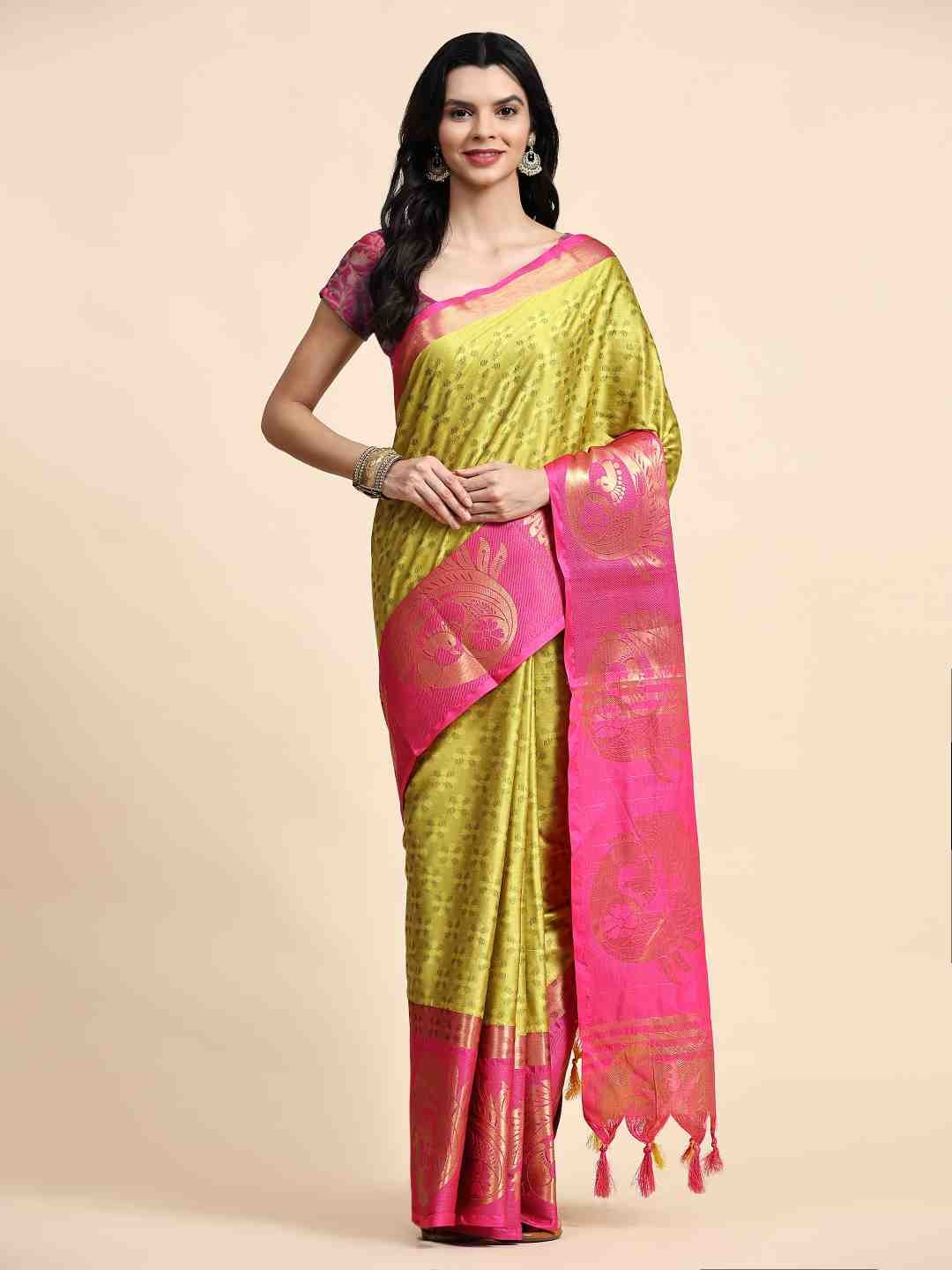 

ZIBLON Lime Green & Pink Woven Design Zari Silk Cotton Kanjeevaram Saree