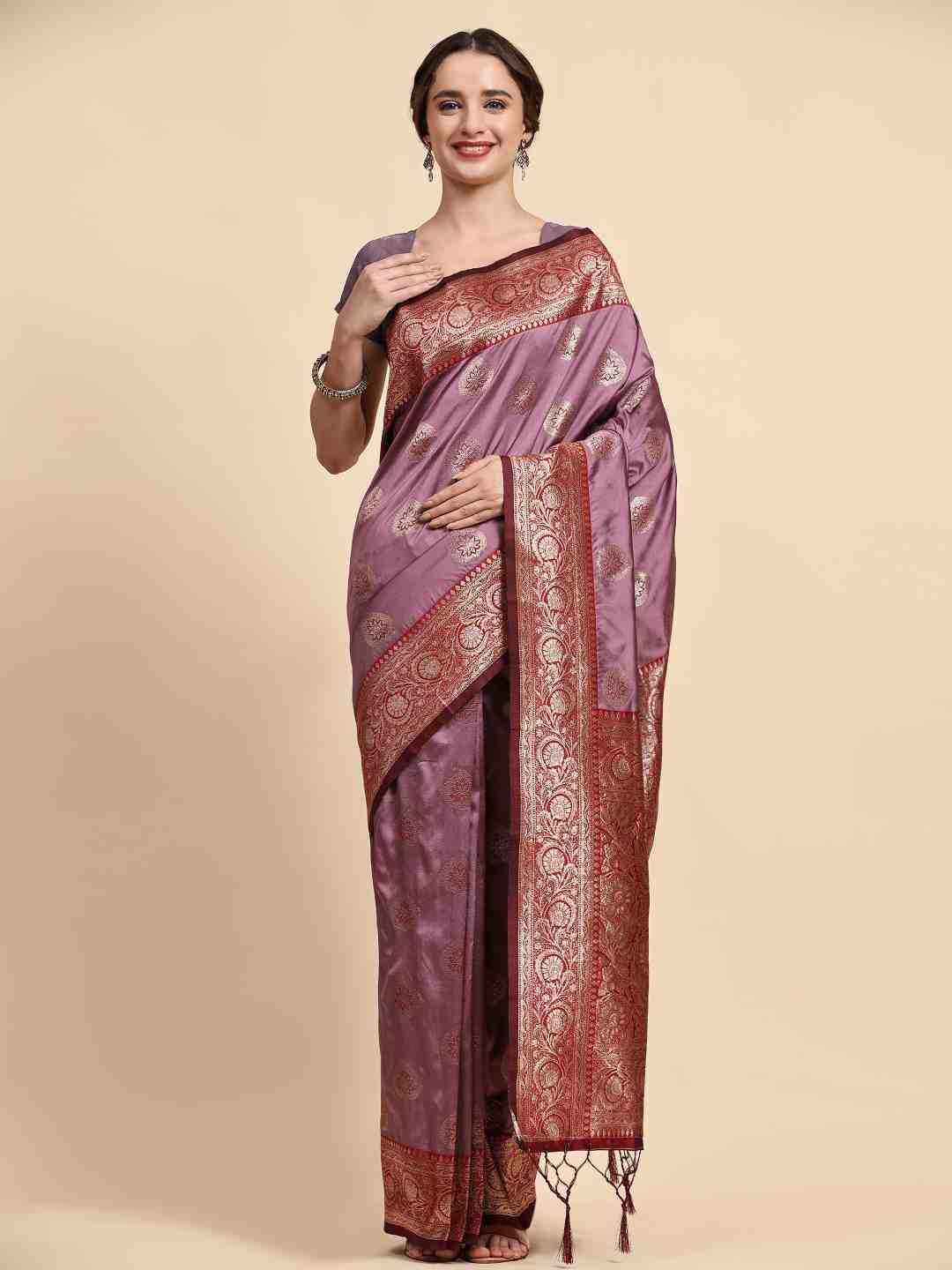 

ZIBLON Purple & Maroon Woven Design Zari Silk Cotton Kanjeevaram Saree