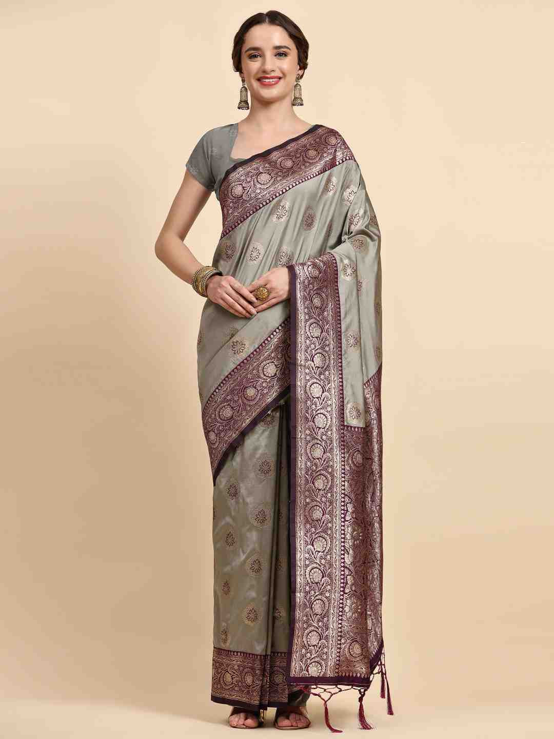 

ZIBLON Grey & Burgundy Woven Design Zari Silk Cotton Kanjeevaram Saree