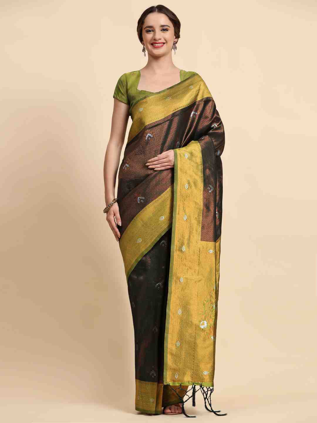 

ZIBLON Brown & Green Woven Design Zari Silk Cotton Kanjeevaram Saree