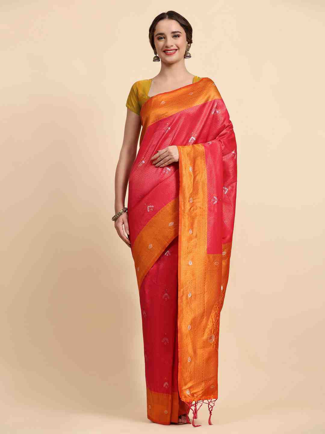 

ZIBLON Red & Orange Ethnic Motifs Zari Silk Cotton Kanjeevaram Saree