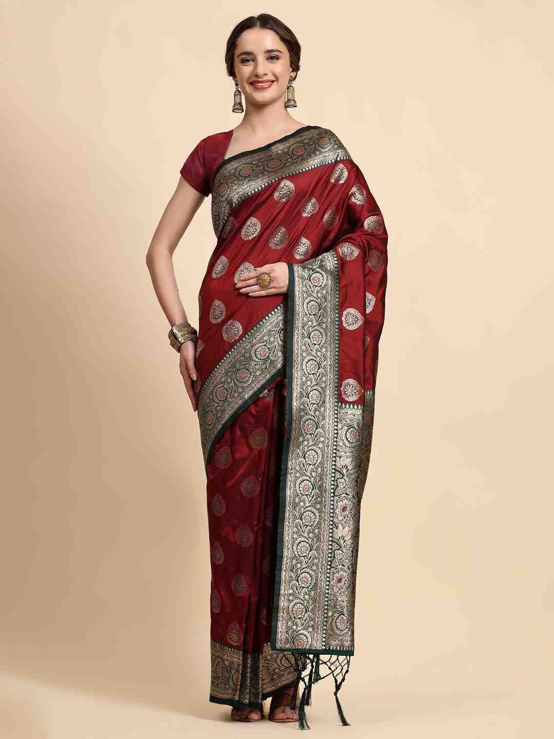 

ZIBLON Maroon & Green Woven Design Zari Silk Cotton Kanjeevaram Saree