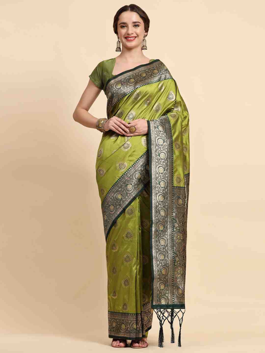 

ZIBLON Green & Silver-Toned Woven Design Zari Silk Cotton Kanjeevaram Saree