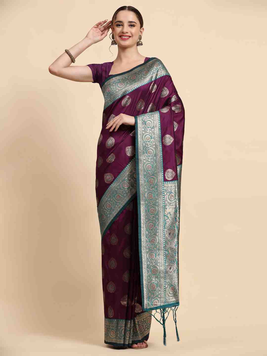 

ZIBLON Purple & Green Woven Design Zari Silk Cotton Kanjeevaram Saree