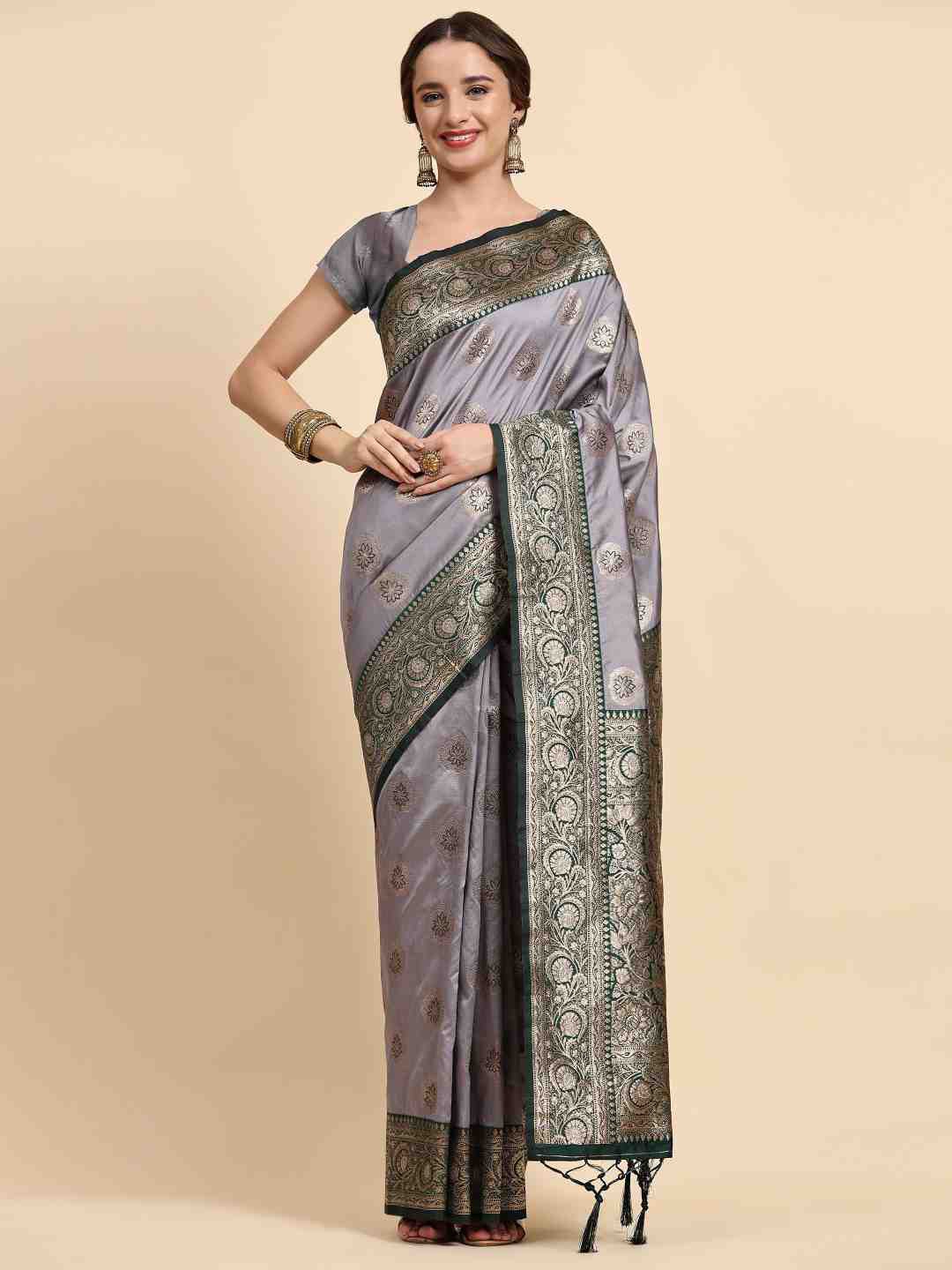 

ZIBLON Purple & Green Woven Design Zari Silk Cotton Kanjeevaram Saree