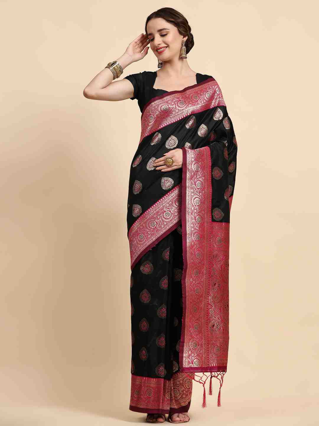 

ZIBLON Black & Pink Woven Design Zari Silk Cotton Kanjeevaram Saree