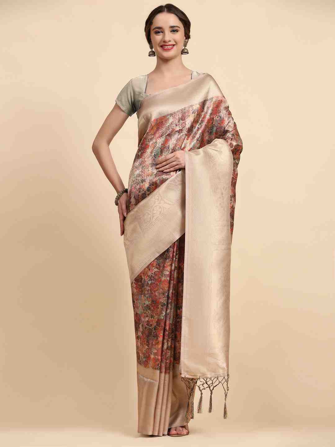 

ZIBLON Cream-Coloured & Brown Woven Design Zari Silk Cotton Kanjeevaram Saree