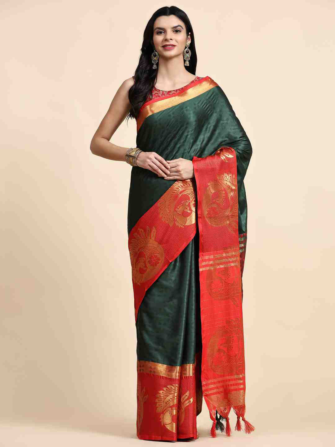 

ZIBLON Green & Red Woven Design Zari Silk Cotton Kanjeevaram Saree