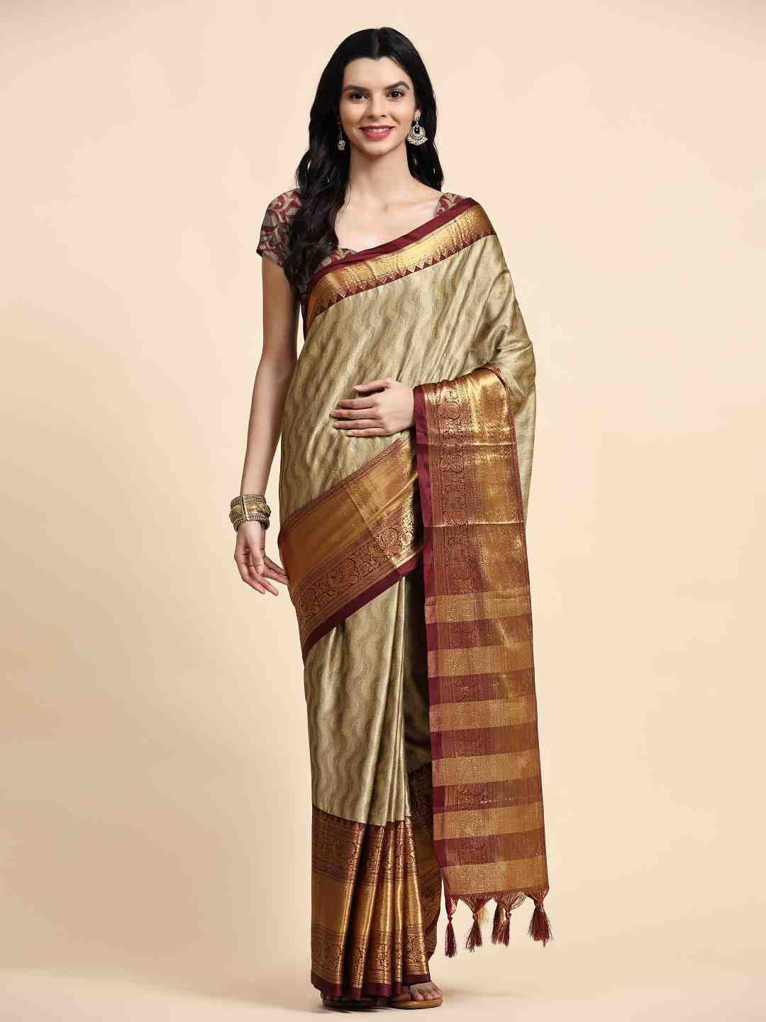 

ZIBLON Cream-Coloured & Maroon Woven Design Zari Silk Cotton Kanjeevaram Saree