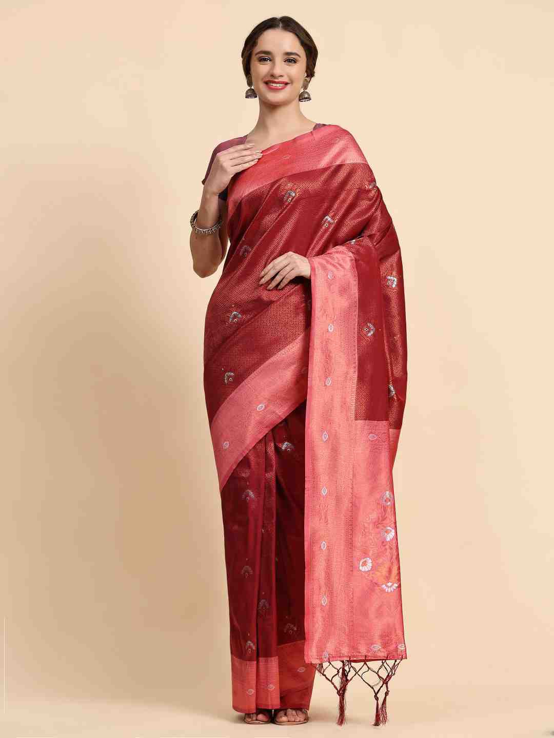 

ZIBLON Maroon & Pink Woven Design Zari Silk Cotton Kanjeevaram Saree