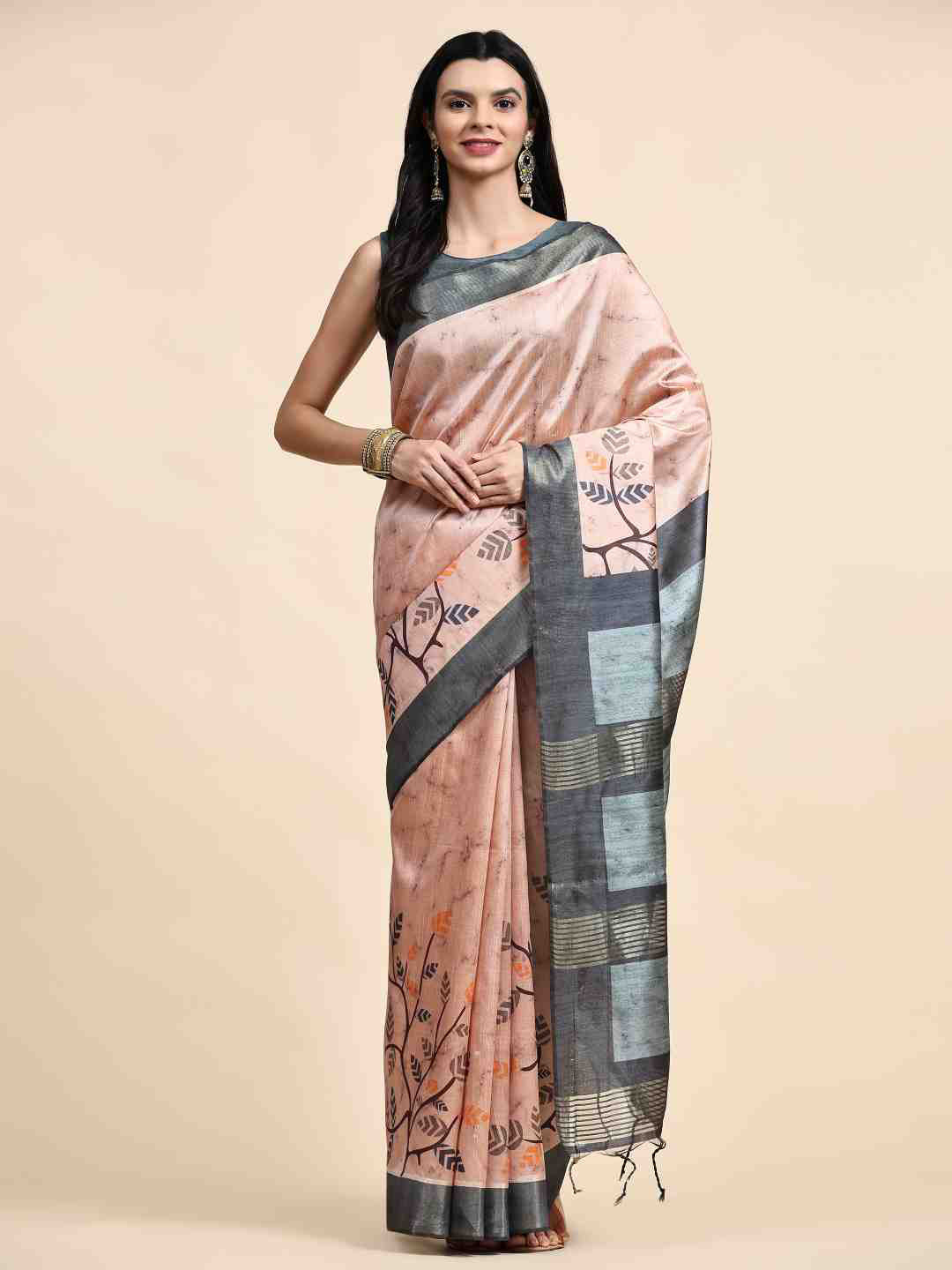 

ZIBLON Pink & Grey Floral Pure Silk Tussar Saree