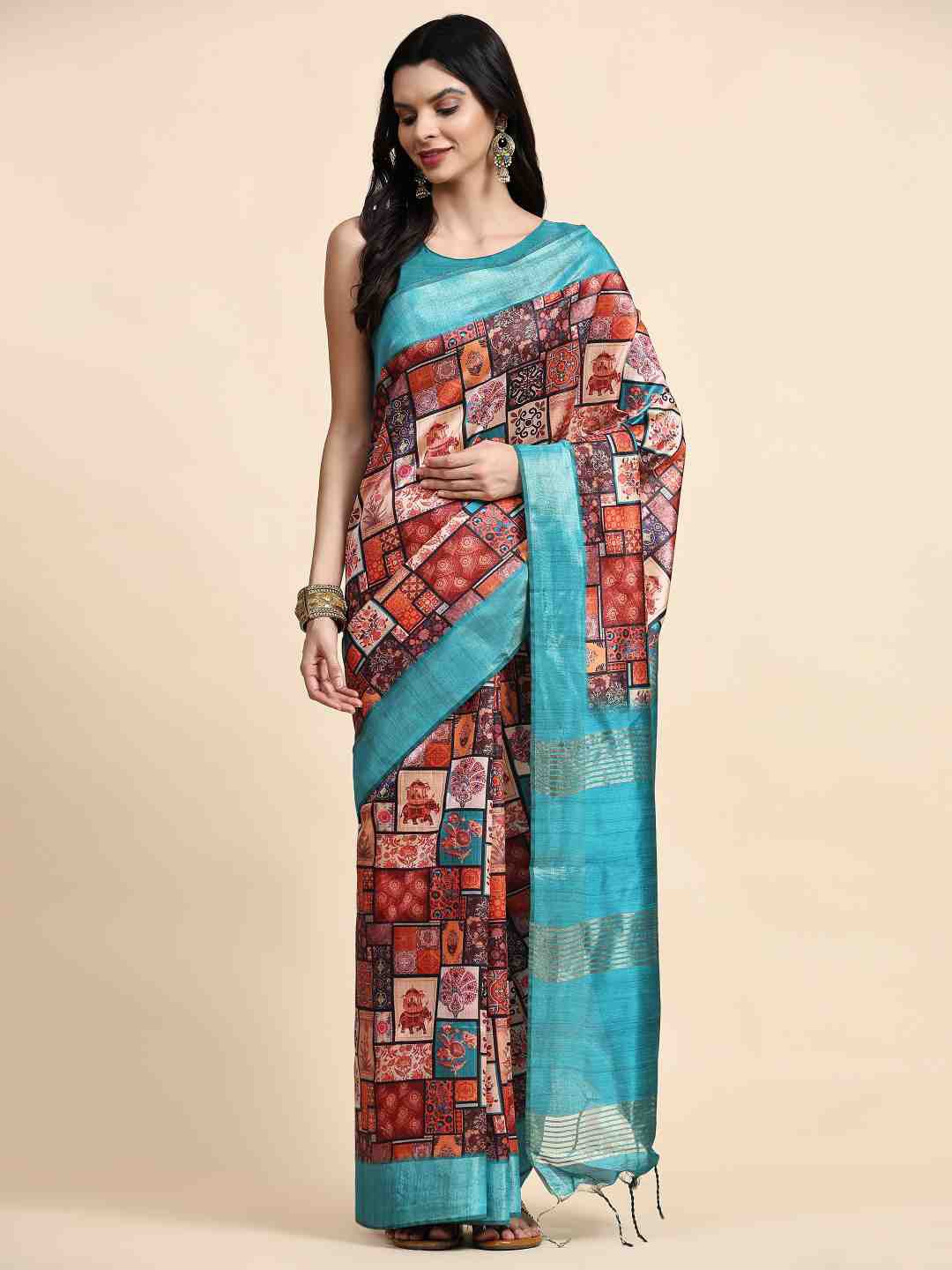 

ZIBLON Turquoise Blue & Orange Ethnic Motifs Pure Silk Tussar Saree
