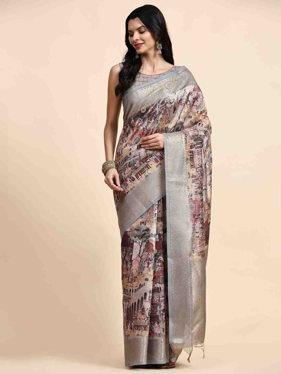 

ZIBLON Grey & Pink Ethnic Motifs Zari Pure Silk Tussar Saree