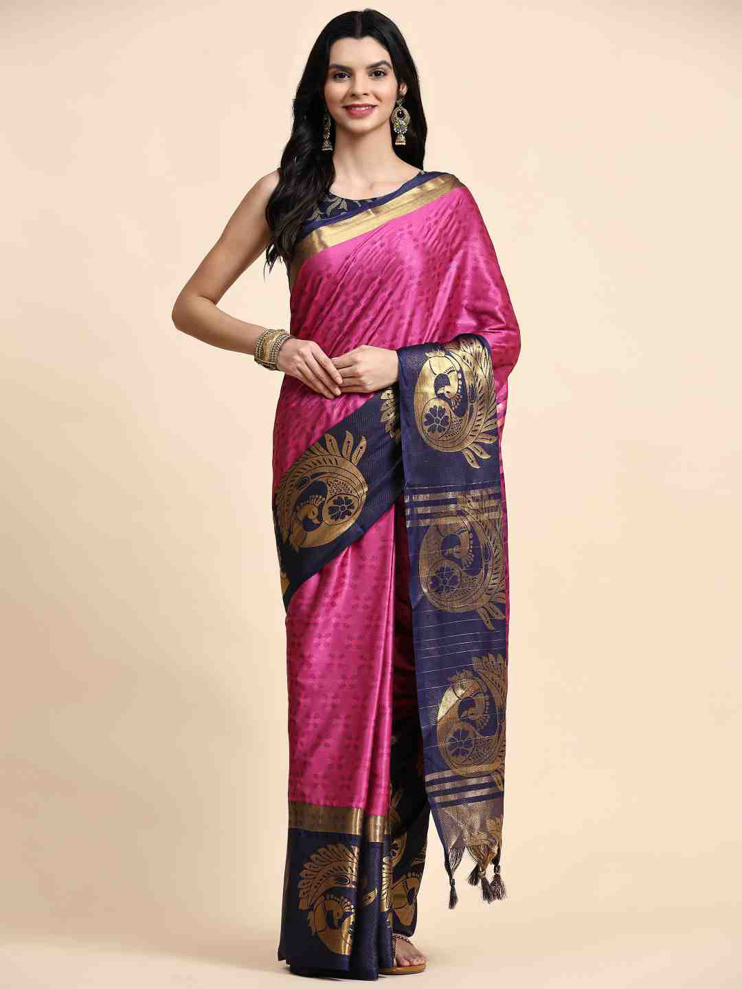 

ZIBLON Pink & Navy Blue Woven Design Zari Silk Cotton Kanjeevaram Saree