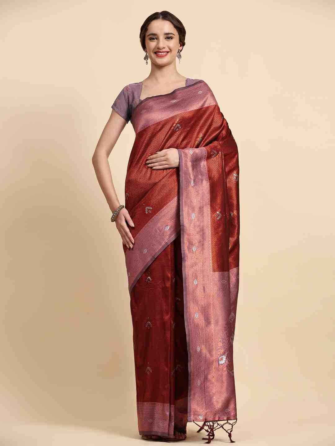 

ZIBLON Brown & Purple Woven Design Zari Silk Cotton Kanjeevaram Saree