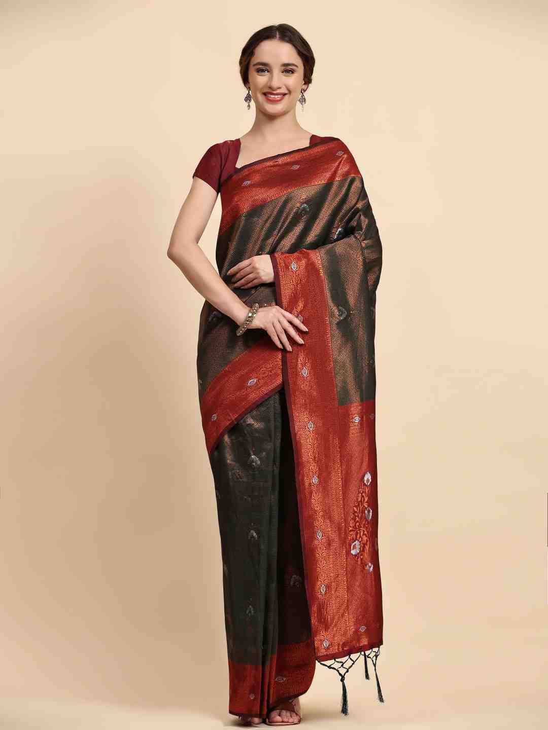 

ZIBLON Brown & Red Woven Design Zari Silk Cotton Kanjeevaram Saree