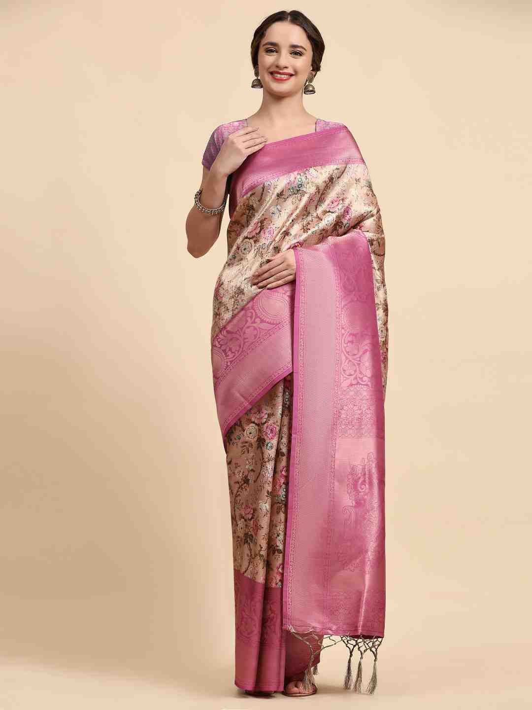 

ZIBLON Pink & Cream-Coloured Ethnic Motifs Zari Silk Cotton Kanjeevaram Saree