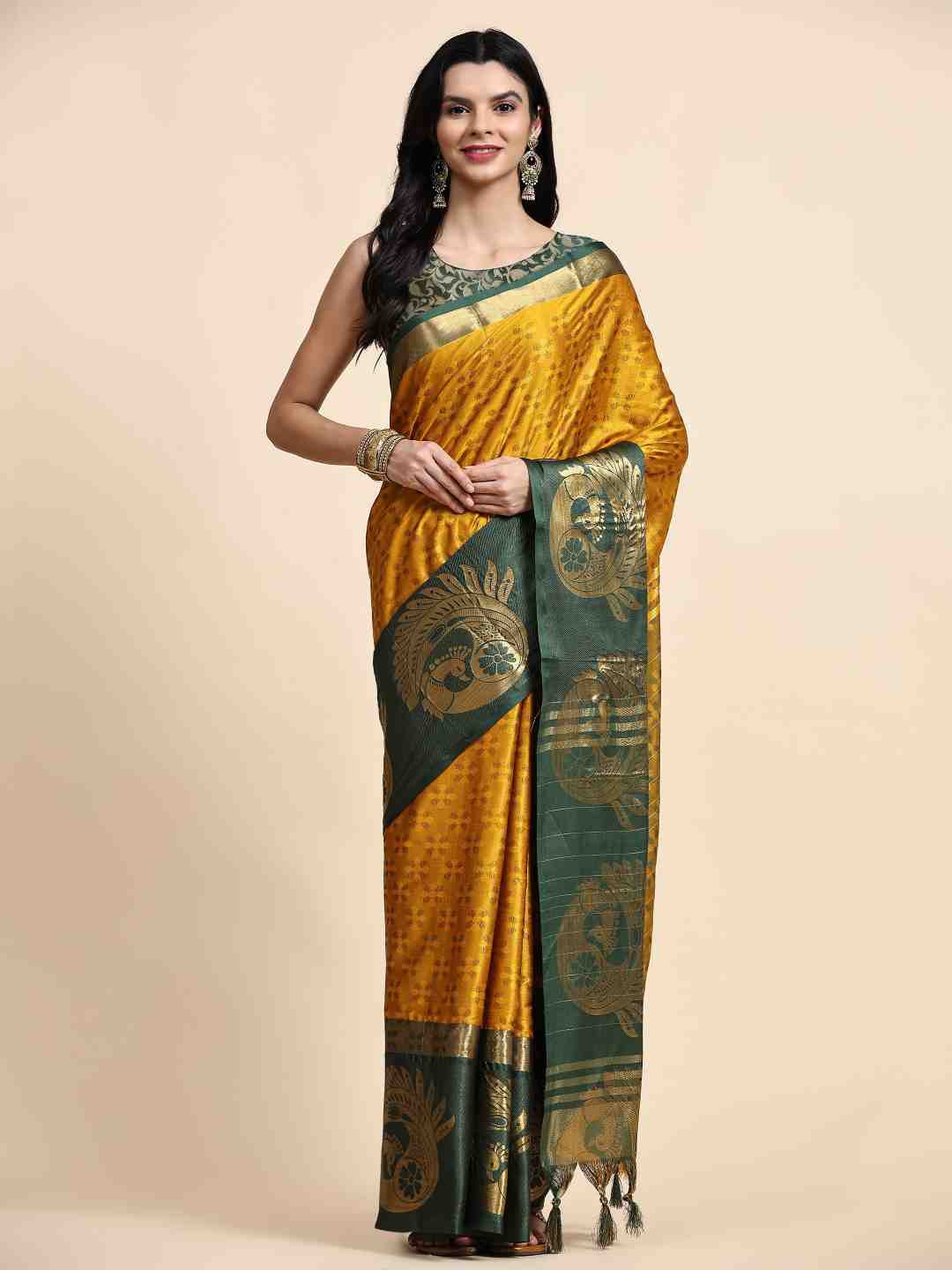 

ZIBLON Mustard & Teal Woven Design Zari Silk Cotton Kanjeevaram Saree