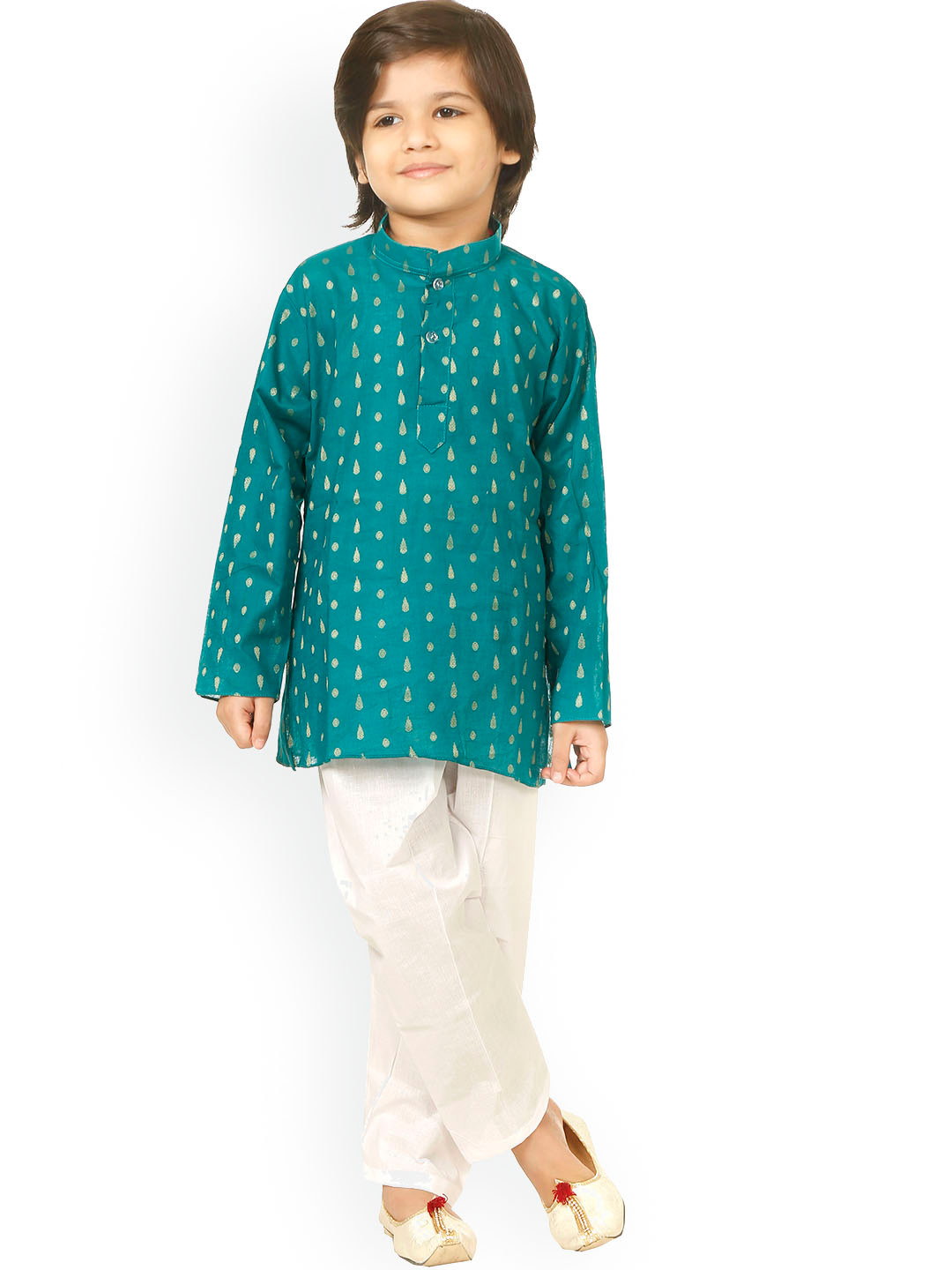 

BAESD Boys Ethnic Motifs Printed Band Collar Pure Cotton Straight Kurta with Trousers, Green