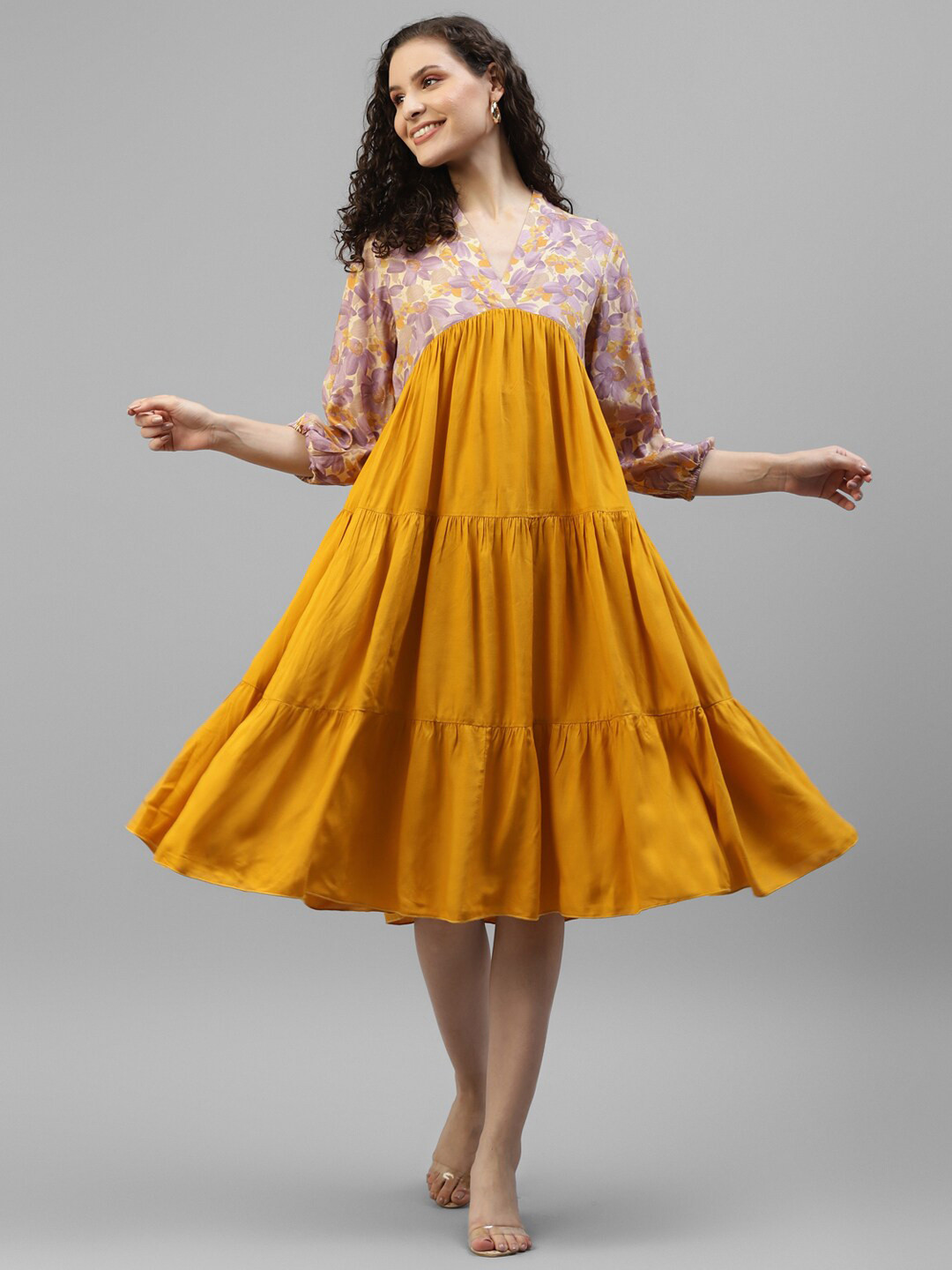 

DEEBACO Multicoloured Puff Sleeve A-Line Dress, Multi