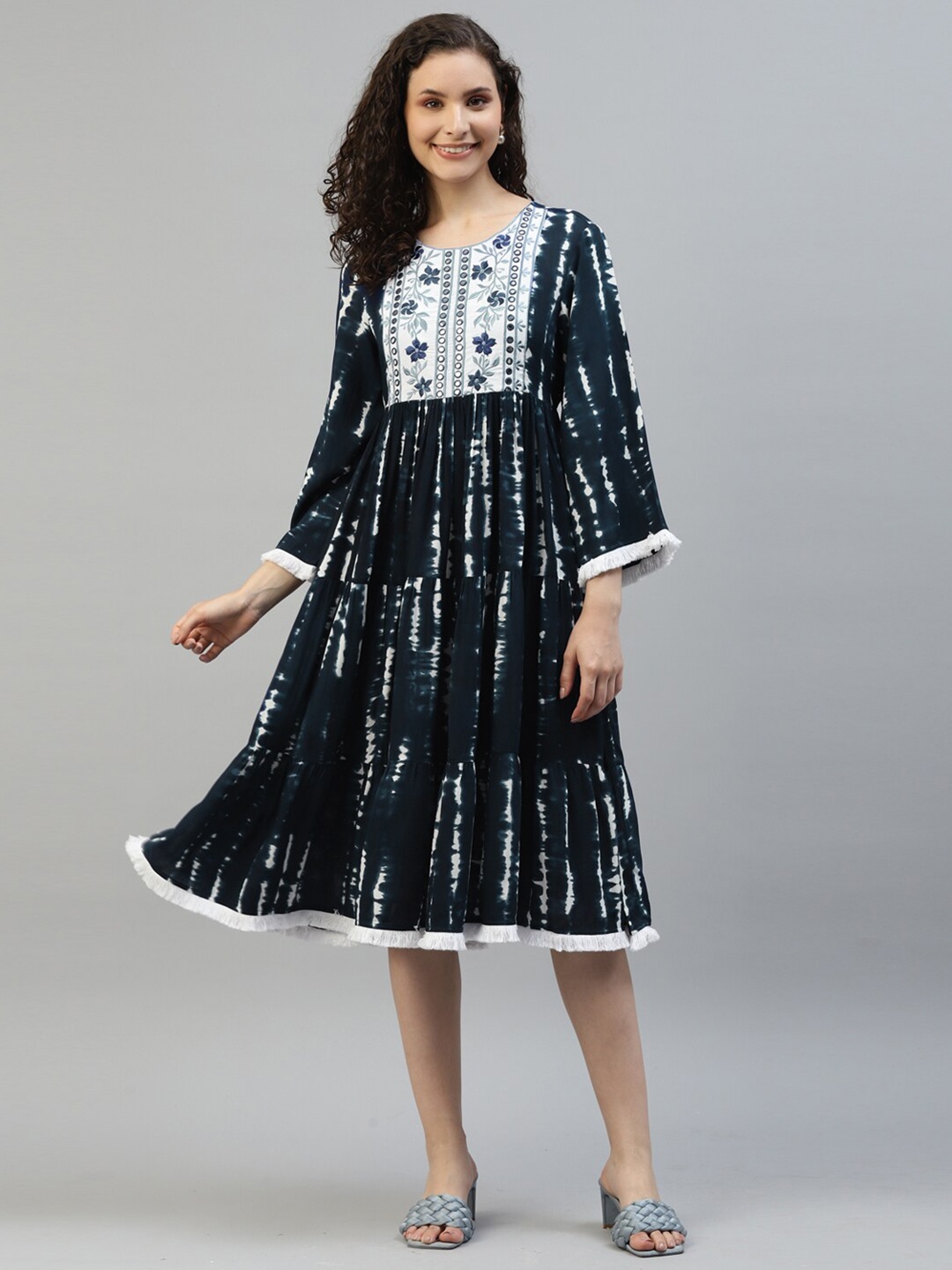 

DEEBACO Navy Blue Ethnic Motifs Print Bell Sleeve A-Line Midi Dress
