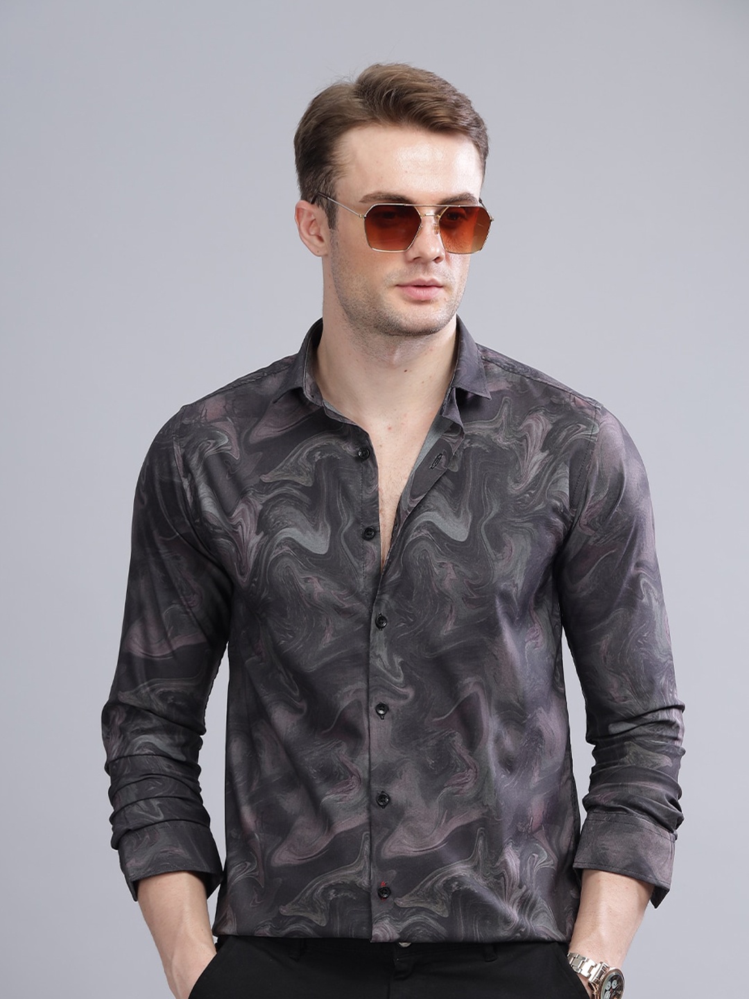 

PAUL STREET Men Black Standard Slim Fit Opaque Printed Party Shirt