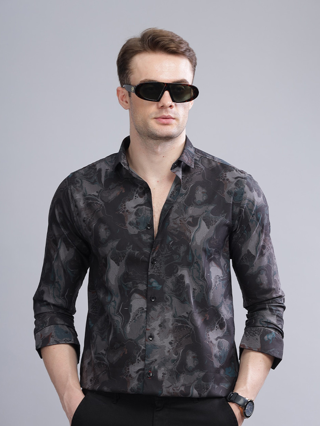 

PAUL STREET Men Black Standard Slim Fit Floral Opaque Printed Party Shirt