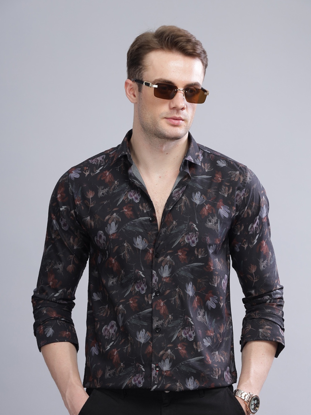 

PAUL STREET Men Black Standard Slim Fit Floral Opaque Printed Party Shirt