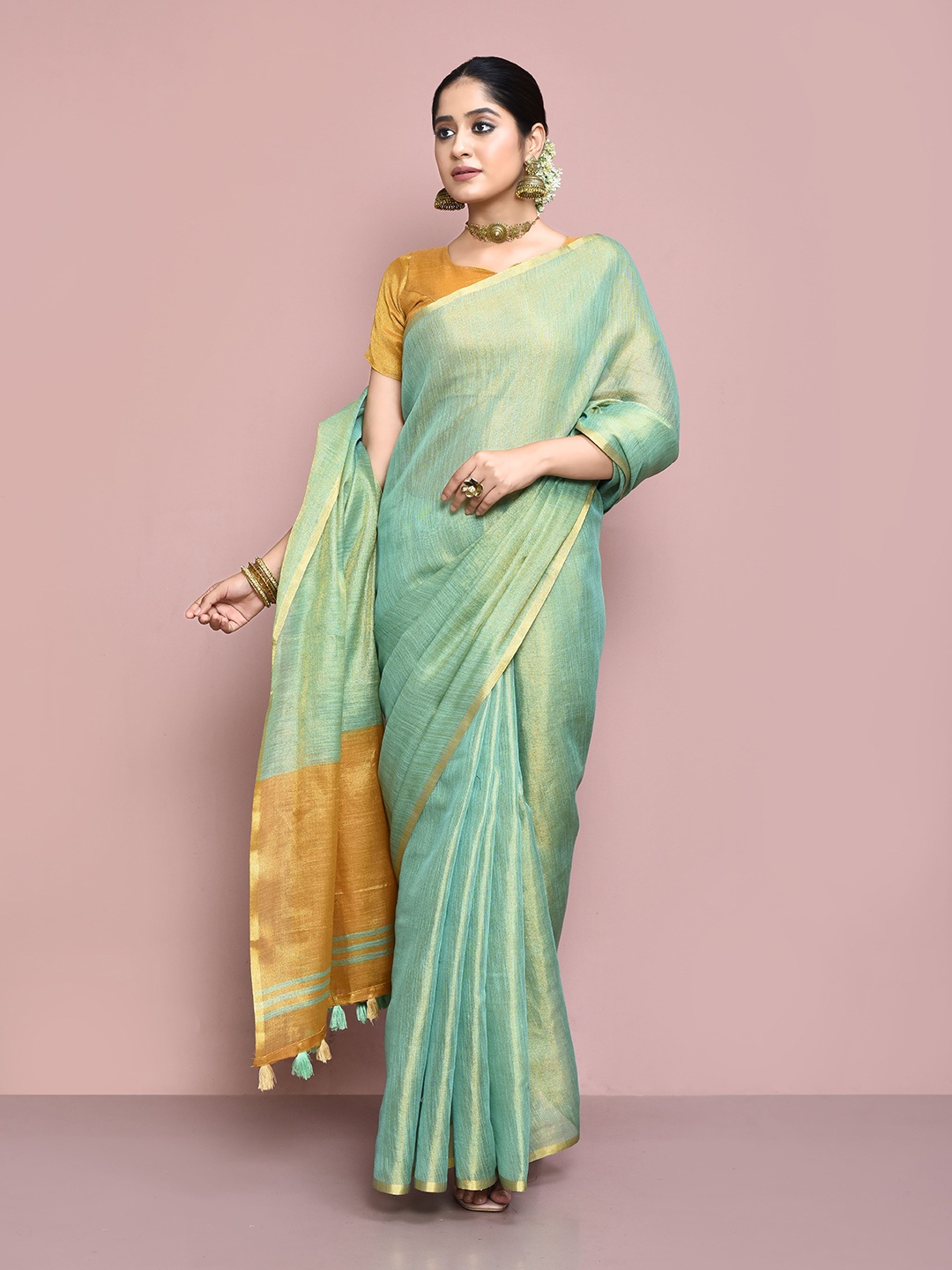 

elora Green & Yellow Zari Tissue Chanderi Saree