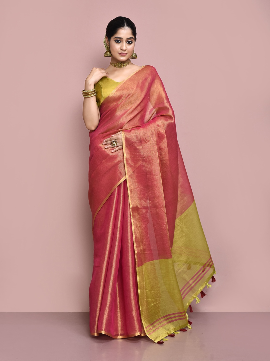 

elora Pink & Green Zari Tissue Chanderi Saree