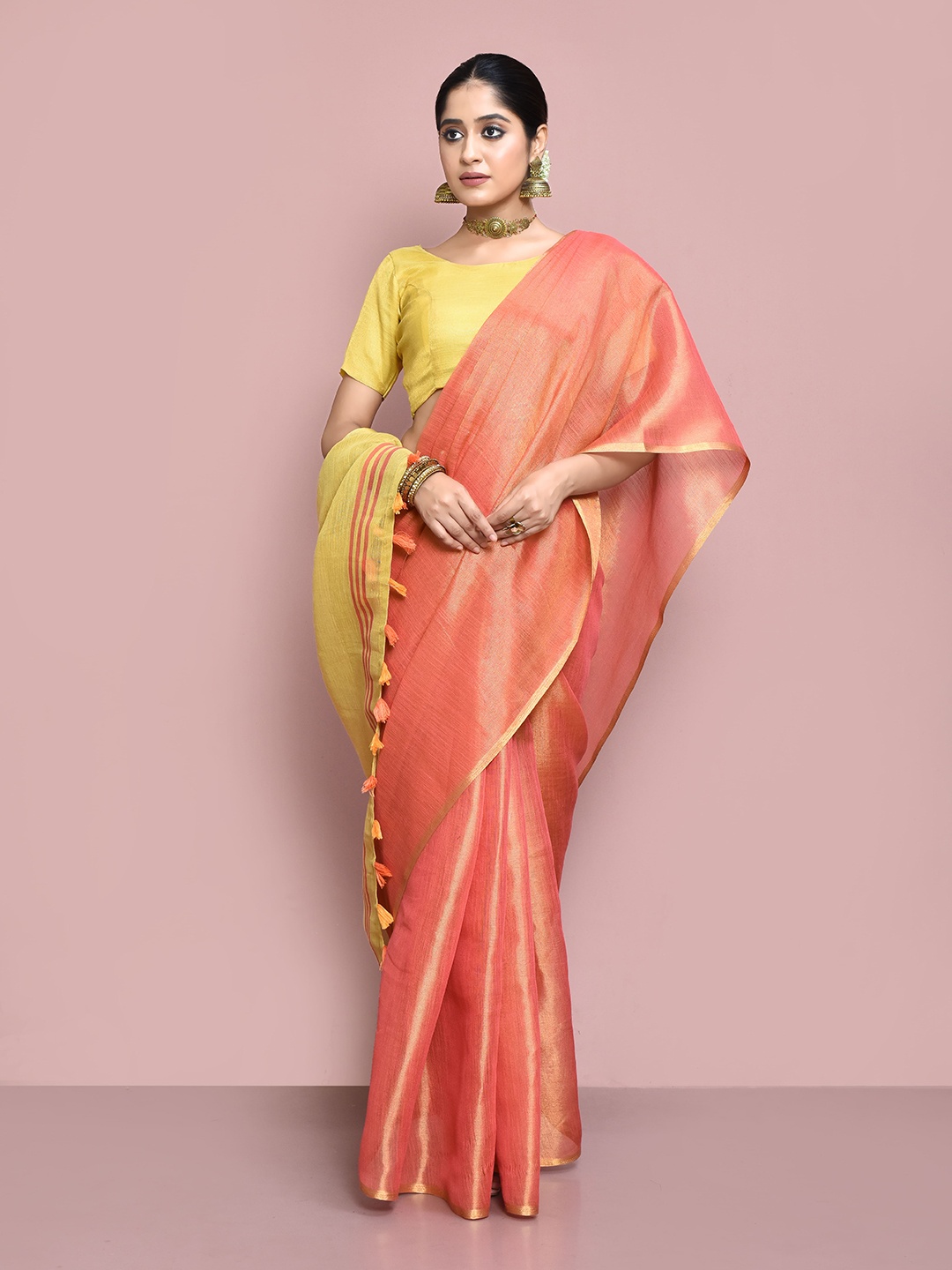 

elora Peach-Coloured & Yellow Tissue Chanderi Saree